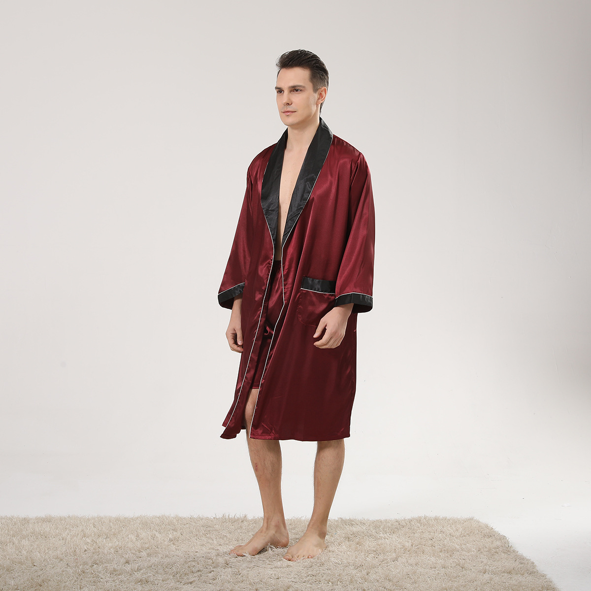 봄 블랙 숄 칼라 레드 남성용 목욕 가운 반바지 수트, - Men'S Kimono Accessories 리뷰 및 가격